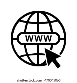 Internet globe www icon with arrow cursor. World wide web symbol , black isolated vector illustration