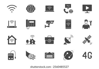 Internet glyph flat icons. Vector illustration include icon - satellite dish, provider, wifi, cctv camera, laptop, optical cable, patch cord silhouette pictogram for web.