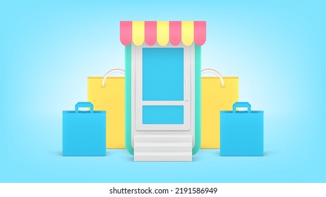 Internet grocery store purchase sale discount mobile application with shopping bag 3d icon vector illustration. Online goods buying digital store app grocery awning purchasing clearance special offer