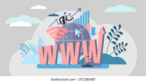 Internet growth vector illustration. Flat tiny www development persons concept. Increased web browsing and using statistics. Global usage abstract visual reflection with symbolic bars and diagrams.
