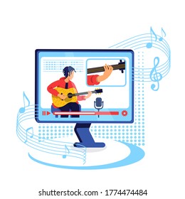 Internet guitar tutorial flat concept vector illustration. Video class on musical instrument. Hobby learning. Guitarist teacher 2D cartoon character for web design. Online learning creative idea