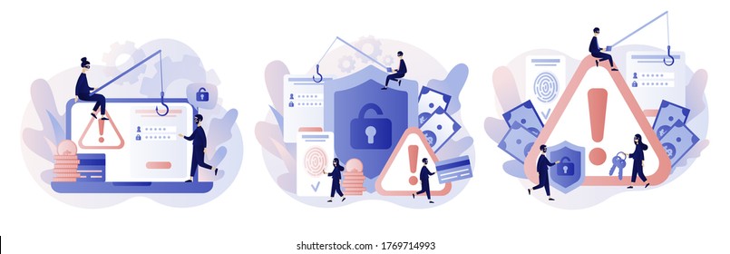 Internet hacker attack and personal data security concept. Computer security technology.Tiny anonymous hacker man attacking computer. Modern flat cartoon style. Vector illustration on white background