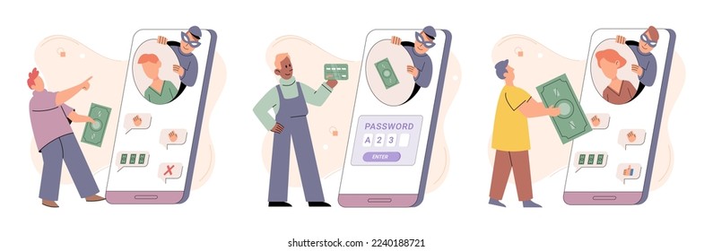 Internet hacker stealing money cybercrime from smartphone payment app. Woman panic after money stolen via mobile app. Credit card online payment scam concept. Cyber crime hacker attack internet fraud