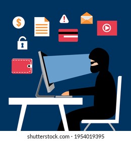 Hackers de Internet robando dinero y datos personales de la computadora del sitio web. Cibercrimen. Concepto de fraude de pagos en línea.