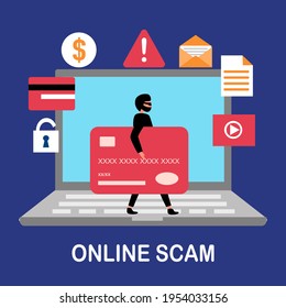 Internet Hacker Stealing Money And Personal Data From Website Computer. Cybercrime. Online Payment Scam Concept.