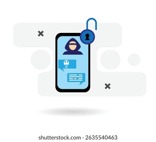 Hacker de Internet Roubando Informações Privadas do Smartphone. Perigos on-line e atividades criminosas acesso a dados arte vetorial