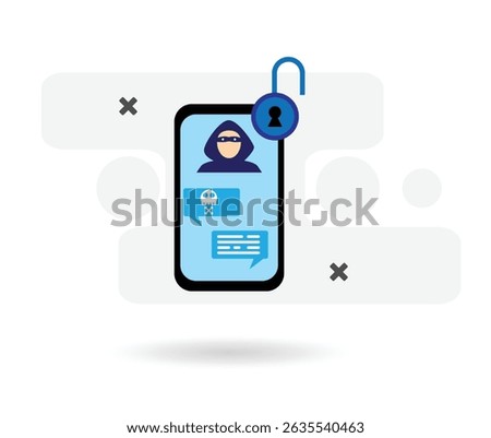 Internet Hacker Stealing Private Information from Smartphone. Dangers online and criminal activities data access vector art