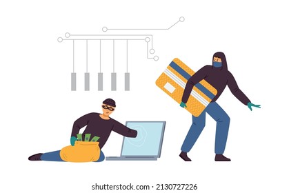 Internet hackers getting access to users personal data. Computer security technology, ddos attack and cyber fraud, flat vector illustration isolated on white background.