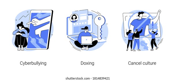 Internet harassment abstract concept vector illustration set. Cyberbullying and doxing, cancel culture, private content, celebrity shaming, hacker attack, social media boycott abstract metaphor.