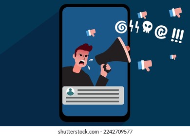Internet hater, angry social media, dislike or negative feedback from remote work, cyber bullying concept, furious young man from mobile phone shouting on megaphone with negative thumb down symbols.