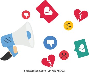 Internet hater, angry social media, dislike or negative feedback from remote work, cyber bullying concept, Megaphone with negative thumb down symbols.

