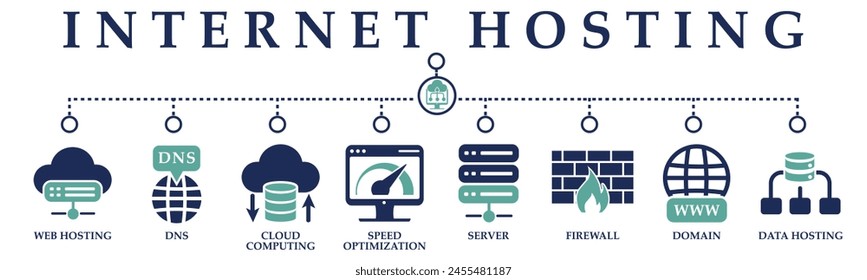 Internet hosting banner web solid icons. Vector illustration concept including icon of web hosting, dns, cloud computing, speed optimization, server, firewall, domain and data hosting