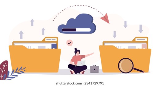 Internet hosting concept, online service for file management and digital information storage, user woman placing files and folders in cloud. Web database, cloud technology.  vector illustration