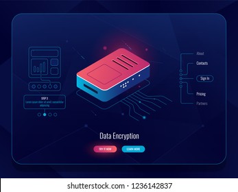 Internet hub, router traffic splitter, data encryption concept, red blue color, server room, database, big data processing, dark neon vector controller