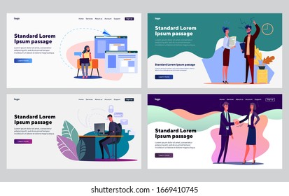 Internet and human communication set. People sending email, stealing data, shaking hand. Flat vector illustrations. Business, computer technology concept for banner, website design or landing web page