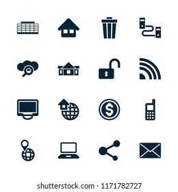 Internet icon. collection of 16 internet filled icons such as phone, trash bin, pin on globe, opened lock, display, share. editable internet icons for web and mobile.