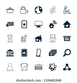 Internet icon. collection of 25 internet filled and outline icons such as globe, house building, poker on phone, top of cargo box. editable internet icons for web and mobile.