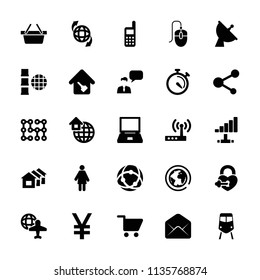 Internet icon. collection of 25 internet filled icons such as train, laptop, woman, globe and plane, qround the globe, stopwatch. editable internet icons for web and mobile.