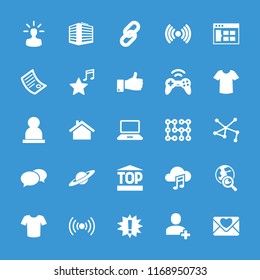 Internet icon. collection of 25 internet filled icons such as chat, t-shirt, browser window, connection, thumb up, signal, link. editable internet icons for web and mobile.