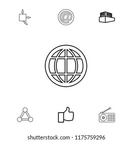 Internet icon. collection of 7 internet outline icons such as thumb up, documents box, arrow, radio, network connection, globe. editable internet icons for web and mobile.