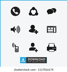 Internet icon. collection of 9 internet filled icons such as chat, printer, add friend, connection, phone, browser window, volume. editable internet icons for web and mobile.