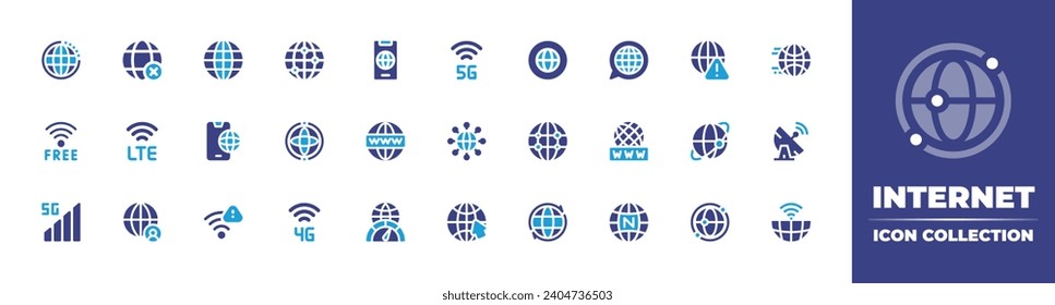 Sammlung von Internetsymbolen. Duotonfarbe. Vektorgrafik und transparente Illustration. Mit Internet, www, weltweit, kein Internet, kostenloser WLAN, World Wifi, WLAN, Global, g, High-Speed, Globalisierung.