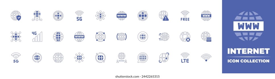 Internet-Icon-Sammlung. Linienstrich im Duotonstil und fett. Vektorgrafik. Enthält Internet, www, globale Verbindung, kein Internet, global, Internet-Sicherheit, kostenloses WiFi, World Wide Web.