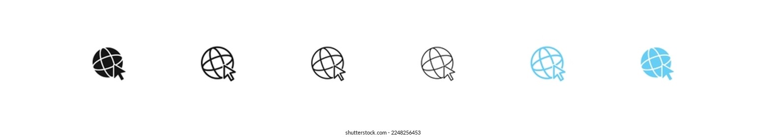 Internet icon. Online symbol. Web network signs. Click cursor on globe icons. Website symbols. Black and blue color. Vector isolated sign.