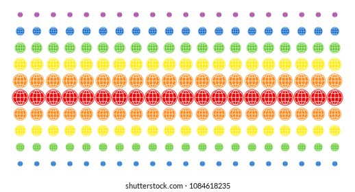Internet icon rainbow colored halftone pattern. Vector pictograms organized into halftone grid with vertical spectrum gradient. Constructed for backgrounds, covers, templates and abstraction effects.