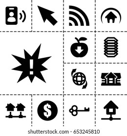 Internet icon. set of 13 filled interneticons such as house, qround the globe, wi-fi, home, call, electric circuit, apple download, exclamation, money, pointer