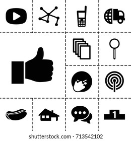 Internet icon. set of 13 filled internet icons such as paper, facepalm emot, hot dog, connection, chat, old phone, magnifier, house building, ranking, signal, play, thumbs up