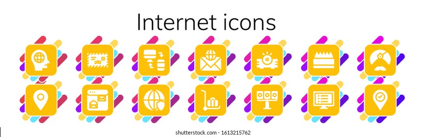 internet icon set. 14 filled internet icons.  Simple modern icons such as: Head, Placeholder, Mail, Browser, Responsive, Worldwide, Email, Delivery cart, Projector, Illumination