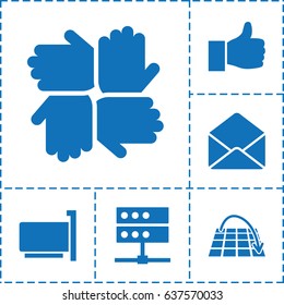 Internet icon. set of 6 internet filled icons such as envelope, move on map, thumbs up, hands, server