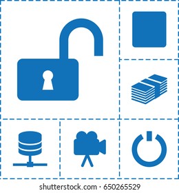 Internet icon. set of 6 internet filled icons such as opened lock, camera, stop, switch off, money
