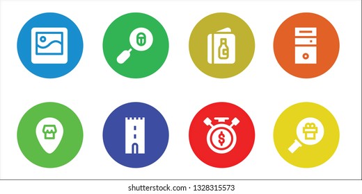 internet icon set. 8 filled internet icons.  Collection Of - Picture, Location, Loupe, Tower, Menu, Sale time, Cpu, Magnifying glass