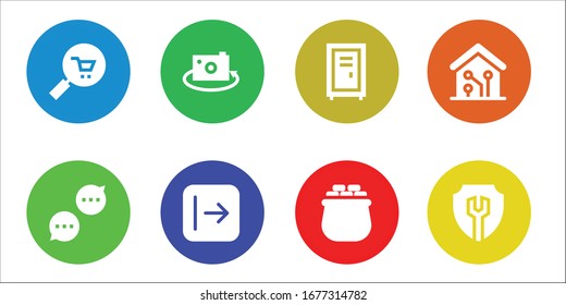 conjunto de iconos de Internet. 8 iconos de Internet llenos.  Iconos modernos sencillos, como: Comercio, Chat, Imagen, Enviar, Locker, Gold, Smart Home, Configuración