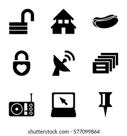 internet icon. Set of 9 internet filled icons such as pin, opened lock, hot dog, heart lock, laptop, radio, house building, satellite