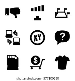 internet icon. Set of 9 internet filled icons such as dollar, T-shirt, signal, dislike, memory card, laptop connection, locations, exclamation