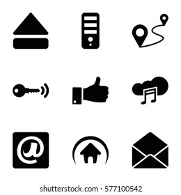 internet icon. Set of 9 internet filled icons such as CPU, distance, thumb up, envelope, eject button, music cloud, at email, home