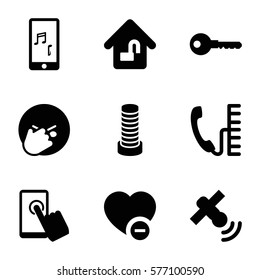 internet icon. Set of 9 internet filled icons such as business center building, key, facepalm emot, minus favorite, mobile phone music, home lock, satellite, phone