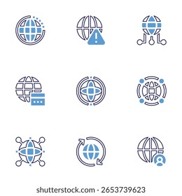 Conjunto de iconos de Internet. Estilo de línea en negrita. Colores duotónicos. En todo el mundo, sin internet, global, conexión, red global, internet, comunidad, red.