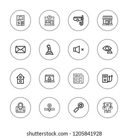 Internet icon set. collection of 16 outline internet icons with bug, contract, diving mask, dollar, envelope, joystick, laptop, map, ipod, house, newspaper, music store icons.