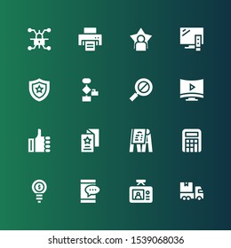 internet icon set. Collection of 16 filled internet icons included Delivery truck, Tv, Smartphone, Idea, Calculator, Menu, Flyer, Like, Smart tv, Error, Algorithm, Shield, Television
