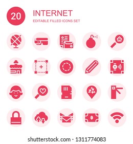 internet icon set. Collection of 20 filled internet icons included Globe, Smart glasses, Branding, Bomb, Search, Shop, Selection, Gif, Pencil, Safebox, Avatar, Favorites, Memory card