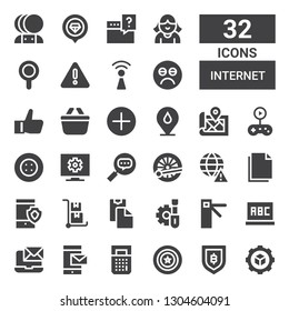 internet icon set. Collection of 32 filled internet icons included Settings, Security, Shield, Calculator, Email, Laptop, Access, Screwdriver, Paste clipboard, Trolley, Smartphone