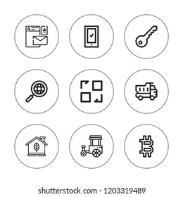 Internet icon set. collection of 9 outline internet icons with bitcoin, branding, house, key, share, smartphone, search, train icons. editable icons.