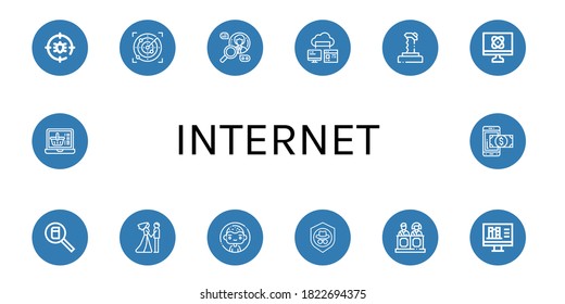 Internet-Icon-Set. Sammlung von Anti-Bug, Radar, Suche, Computerspeicher, Joystick, Computer, Couple, Man, Shield, Jury, Online-Bibliothek, Online-Shopping, Mobile-Zahlungssymbole