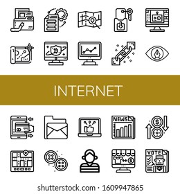 internet icon set. Collection of Virus, Map, File storage, Bitcoin, Marketing, Key, Blockchain, Edit tool, View, Mobile payment, Navigator, Email, Buttons, Social network icons