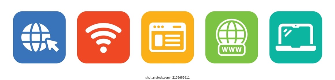 Internet icon set. Containing go to web, wifi, web page, www, computer laptop icon. Vector illustration