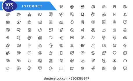 Juego de iconos de Internet. Contener en línea, computadora, red, sitio web, servidor, diseño web, hardware, software y programación. 